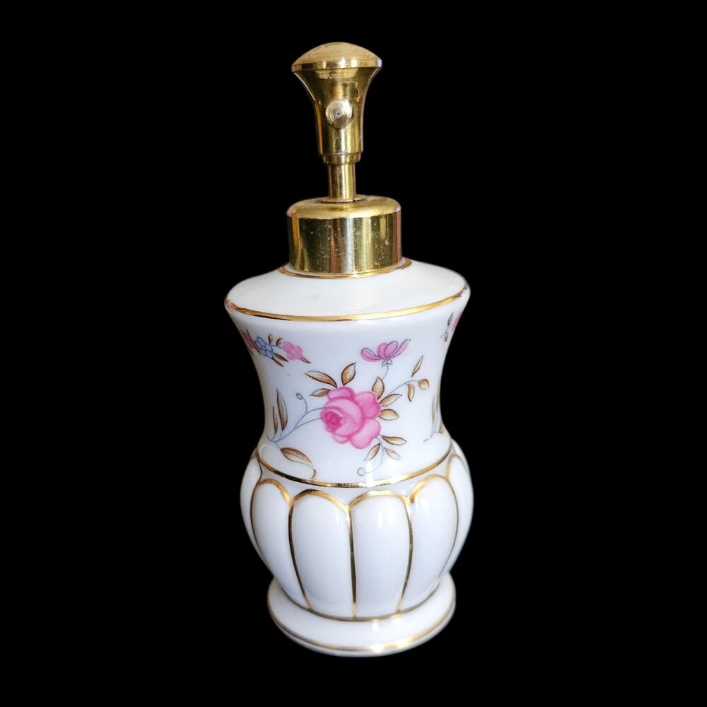 I.W. Rice Japan Porcelain Perfume Atomizer Floral Gold Trim Vanity Bottle